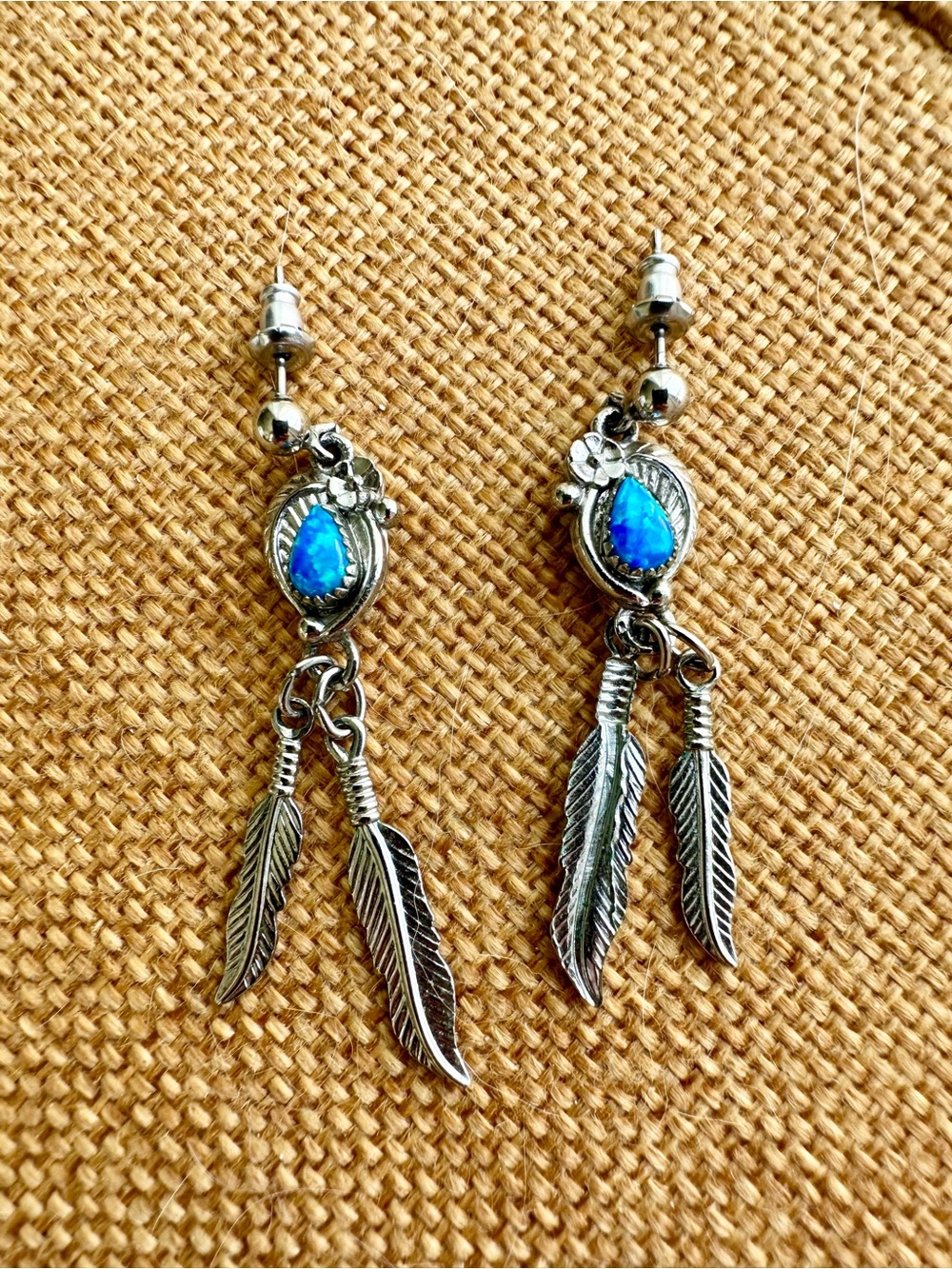 WM Wheeler Silver Tone Blue Opal Dangle Post Earrings Southwest Native Feathers